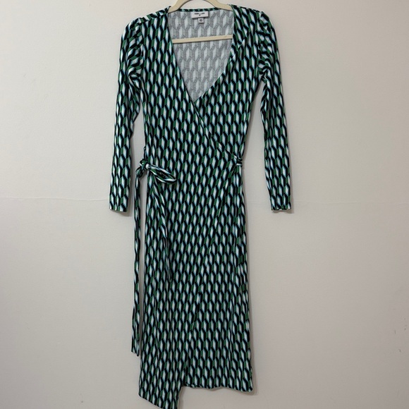 Diane‎ Von Furstenberg Midi Wrap Green Geometric Long Sleeve Dress - Picture 4 of 6